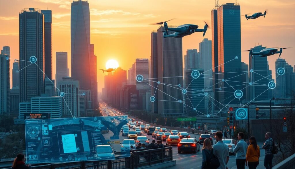 A bustling city skyline with towering skyscrapers, illuminated by the warm glow of sunset. In the foreground, a group of people interacting with holographic displays and virtual interfaces, seamlessly integrating AI-powered technologies into their daily lives. The middle ground features autonomous vehicles navigating the streets, while drones and flying cars zip through the air above. The background is filled with a network of interconnected sensors, algorithms, and real-time data streams, powering the city's intelligent infrastructure. The scene conveys a sense of technological advancement, efficiency, and the ubiquitous presence of AI in modern urban living. A bustling city skyline with towering skyscrapers, illuminated by the warm glow of sunset. In the foreground, a group of people interacting with holographic displays and virtual interfaces, seamlessly integrating AI-powered technologies into their daily lives. The middle ground features autonomous vehicles navigating the streets, while drones and flying cars zip through the air above. The background is filled with a network of interconnected sensors, algorithms, and real-time data streams, powering the city's intelligent infrastructure. The scene conveys a sense of technological advancement, efficiency, and the ubiquitous presence of AI in modern urban living.
