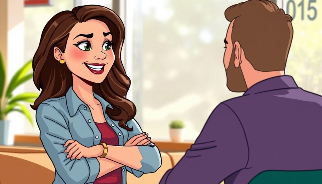 A confident and charismatic woman in a casual, relaxed setting, engaging in an animated conversation with a man. The scene exudes a warm, welcoming atmosphere, with natural lighting casting a soft glow. The woman's body language is open and inviting, her gaze direct and her expression genuine. The man listens intently, his posture relaxed and attentive. The background is blurred, keeping the focus on the interaction between the two individuals. An image that captures the essence of assertive communication, where both parties feel heard and respected. A confident and charismatic woman in a casual, relaxed setting, engaging in an animated conversation with a man. The scene exudes a warm, welcoming atmosphere, with natural lighting casting a soft glow. The woman's body language is open and inviting, her gaze direct and her expression genuine. The man listens intently, his posture relaxed and attentive. The background is blurred, keeping the focus on the interaction between the two individuals. An image that captures the essence of assertive communication, where both parties feel heard and respected.