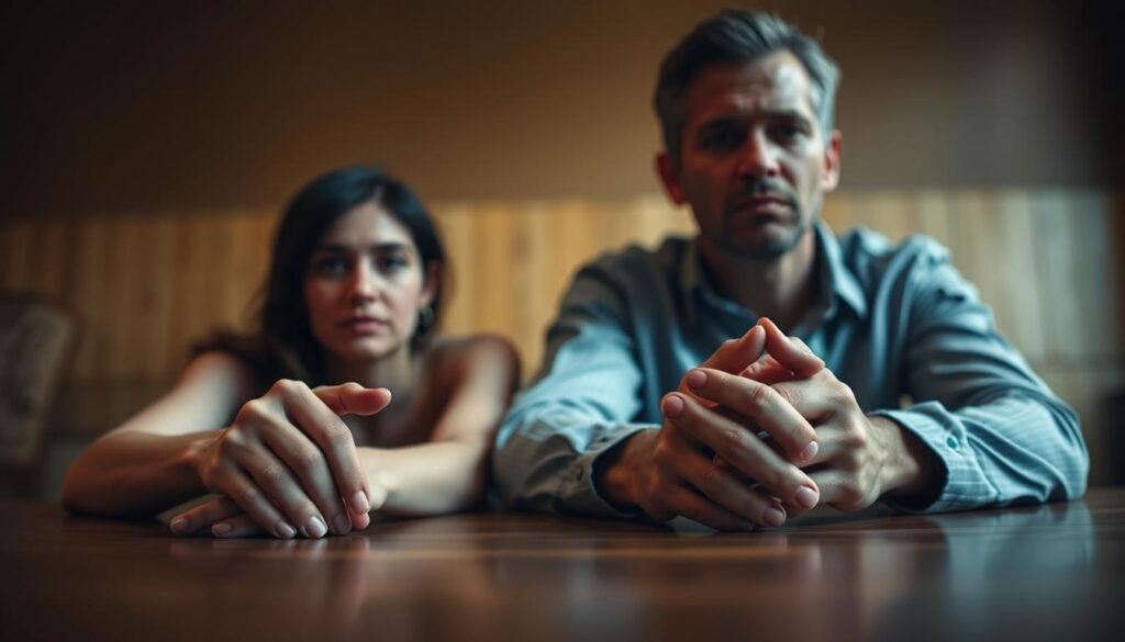 A couple sitting at a table, their body language and facial expressions conveying a sense of tension and distance. The foreground depicts their hands resting on the table, fingers slightly curled inward, suggesting a lack of connection. The middle ground shows their upper bodies, the man leaning back with a contemplative gaze, the woman leaning forward, her brow furrowed. The background is blurred, creating a sense of isolation and focus on the couple. Soft, warm lighting casts a somber mood, highlighting the emotions of the scene. The scene is captured with a shallow depth of field, drawing the viewer's attention to the couple's body language and subtle expressions. A couple sitting at a table, their body language and facial expressions conveying a sense of tension and distance. The foreground depicts their hands resting on the table, fingers slightly curled inward, suggesting a lack of connection. The middle ground shows their upper bodies, the man leaning back with a contemplative gaze, the woman leaning forward, her brow furrowed. The background is blurred, creating a sense of isolation and focus on the couple. Soft, warm lighting casts a somber mood, highlighting the emotions of the scene. The scene is captured with a shallow depth of field, drawing the viewer's attention to the couple's body language and subtle expressions.