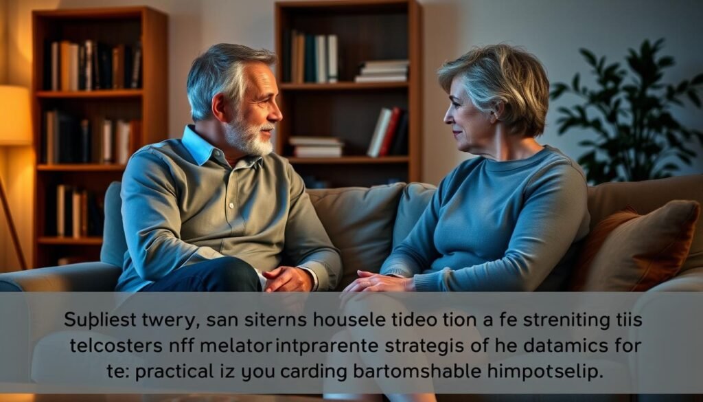 A cozy living room setting with a warm, inviting atmosphere. A middle-aged couple sitting comfortably on a plush sofa, facing each other and engaged in a deep, meaningful conversation. Soft lighting casts a gentle glow, creating an atmosphere of intimacy and connection. In the background, a bookshelf filled with volumes and a potted plant adding a touch of nature. The couple's body language and facial expressions convey a sense of understanding, empathy, and a shared commitment to their relationship. The overall scene reflects the importance of practical strategies for strengthening the dynamics of a long-term partnership. A cozy living room setting with a warm, inviting atmosphere. A middle-aged couple sitting comfortably on a plush sofa, facing each other and engaged in a deep, meaningful conversation. Soft lighting casts a gentle glow, creating an atmosphere of intimacy and connection. In the background, a bookshelf filled with volumes and a potted plant adding a touch of nature. The couple's body language and facial expressions convey a sense of understanding, empathy, and a shared commitment to their relationship. The overall scene reflects the importance of practical strategies for strengthening the dynamics of a long-term partnership.