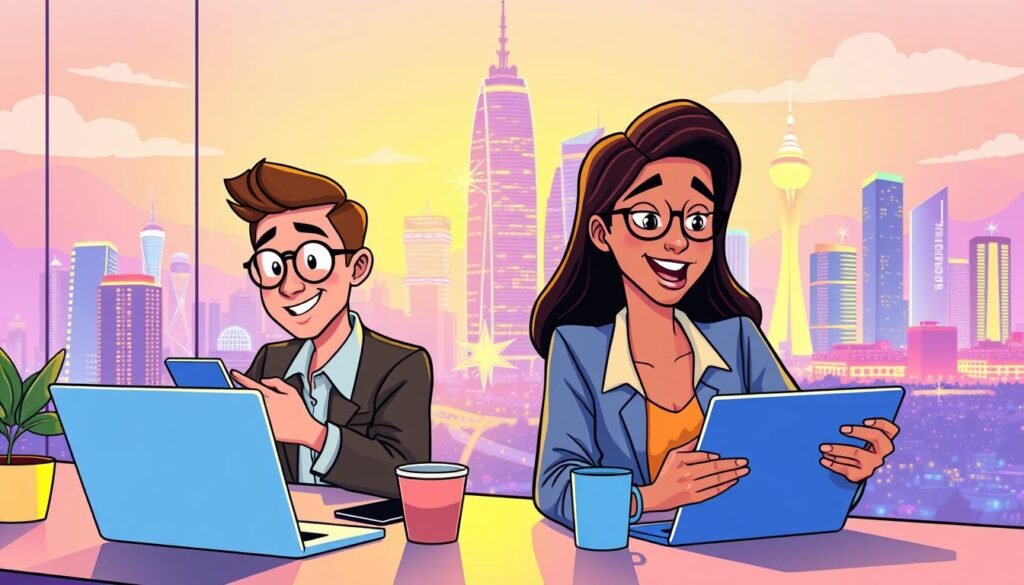 A digital communication scene with a vibrant, modern aesthetic. In the foreground, two people engaged in a lively conversation on digital devices, their faces animated and eyes locked in deep focus. The middle ground features a sleek, minimalist workspace, with a laptop, coffee mug, and other office accoutrements. The background is a dynamic city skyline, with towering buildings and a vibrant, neon-lit urban landscape. The lighting is warm and inviting, creating a sense of productivity and connection. The overall mood is one of efficiency, engagement, and effective digital communication. A digital communication scene with a vibrant, modern aesthetic. In the foreground, two people engaged in a lively conversation on digital devices, their faces animated and eyes locked in deep focus. The middle ground features a sleek, minimalist workspace, with a laptop, coffee mug, and other office accoutrements. The background is a dynamic city skyline, with towering buildings and a vibrant, neon-lit urban landscape. The lighting is warm and inviting, creating a sense of productivity and connection. The overall mood is one of efficiency, engagement, and effective digital communication.