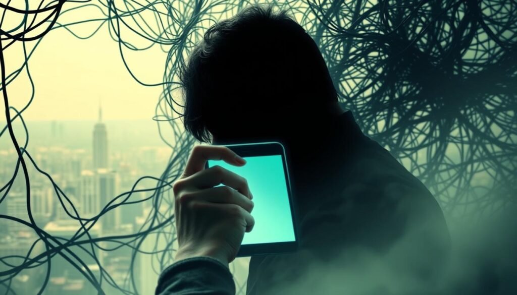 A digital labyrinth, where humans are entangled in a web of technological dependency. In the foreground, a person's hand clasps a smartphone, their face obscured by its glow. The middle ground depicts a tangle of wires and cables, symbolizing the complex infrastructure that supports our reliance on technology. In the background, a cityscape emerges, hazy and indistinct, suggesting the blurring of the physical and digital realms. Soft, diffused lighting casts an eerie, dreamlike atmosphere, evoking the sense of being trapped within a technological paradigm. The scene conveys the challenges and risks of our evolving relationship with data and technology. A digital labyrinth, where humans are entangled in a web of technological dependency. In the foreground, a person's hand clasps a smartphone, their face obscured by its glow. The middle ground depicts a tangle of wires and cables, symbolizing the complex infrastructure that supports our reliance on technology. In the background, a cityscape emerges, hazy and indistinct, suggesting the blurring of the physical and digital realms. Soft, diffused lighting casts an eerie, dreamlike atmosphere, evoking the sense of being trapped within a technological paradigm. The scene conveys the challenges and risks of our evolving relationship with data and technology.