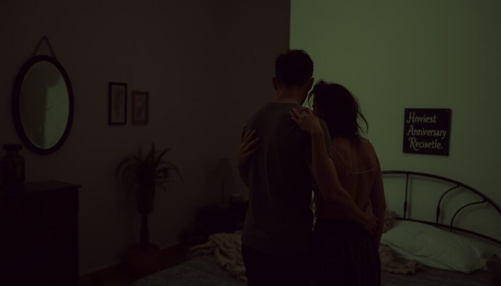 A dimly lit bedroom, the walls adorned with subtle warning signs - a cracked mirror, a forgotten anniversary, a neglected plant. In the foreground, two intertwined figures, their body language revealing a silent tension, their faces etched with a sense of unease. The lighting is soft, casting long shadows that add to the overall sense of unease. The scene is captured through a wide-angle lens, creating a sense of claustrophobia and disconnection. The atmosphere is one of subtle foreboding, hinting at the hidden dangers that lurk beneath the surface of a seemingly calm relationship. A dimly lit bedroom, the walls adorned with subtle warning signs - a cracked mirror, a forgotten anniversary, a neglected plant. In the foreground, two intertwined figures, their body language revealing a silent tension, their faces etched with a sense of unease. The lighting is soft, casting long shadows that add to the overall sense of unease. The scene is captured through a wide-angle lens, creating a sense of claustrophobia and disconnection. The atmosphere is one of subtle foreboding, hinting at the hidden dangers that lurk beneath the surface of a seemingly calm relationship.