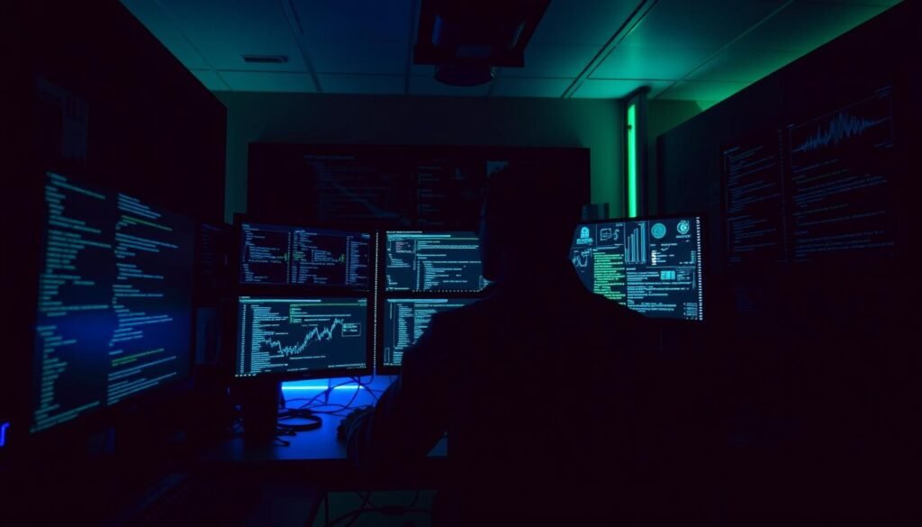 A dimly lit cybersecurity lab, with a lone hacker sitting at an array of monitors, intensely focused on their screen. Ambient blue and green lighting casts an eerie glow, highlighting the complexity of the digital landscape before them. Intricate lines of code and abstract data visualizations fill the displays, hinting at the technical challenges and ethical dilemmas facing the ethical hacker. The atmosphere is one of quiet determination, as the hacker navigates the delicate balance between protecting systems and understanding the mindset of malicious actors. This scene conveys the "Desafios e Limitações do Hacking Ético" - the difficulties and constraints faced by those who wield their hacking skills for the greater good. A dimly lit cybersecurity lab, with a lone hacker sitting at an array of monitors, intensely focused on their screen. Ambient blue and green lighting casts an eerie glow, highlighting the complexity of the digital landscape before them. Intricate lines of code and abstract data visualizations fill the displays, hinting at the technical challenges and ethical dilemmas facing the ethical hacker. The atmosphere is one of quiet determination, as the hacker navigates the delicate balance between protecting systems and understanding the mindset of malicious actors. This scene conveys the "Desafios e Limitações do Hacking Ético" - the difficulties and constraints faced by those who wield their hacking skills for the greater good.