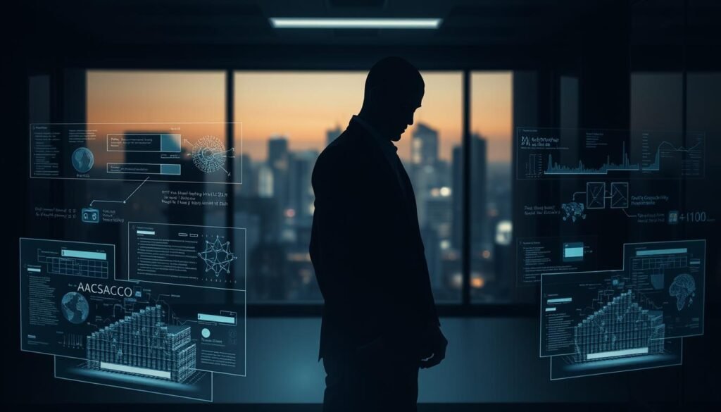 A dimly lit office setting, with a brooding atmosphere. In the foreground, a human figure representing the ethical challenges of AI, standing contemplative, their face obscured by shadow. In the middle ground, holographic displays showcase data visualizations and complex algorithms, hinting at the technical intricacies of AI implementation. The background is a blurred cityscape, conveying the broader societal impact of these technologies. Dramatic lighting casts deep contrasts, evoking a sense of gravity and unease. The overall composition suggests the weighty, complex nature of navigating the ethical and regulatory landscapes of AI deployment. A dimly lit office setting, with a brooding atmosphere. In the foreground, a human figure representing the ethical challenges of AI, standing contemplative, their face obscured by shadow. In the middle ground, holographic displays showcase data visualizations and complex algorithms, hinting at the technical intricacies of AI implementation. The background is a blurred cityscape, conveying the broader societal impact of these technologies. Dramatic lighting casts deep contrasts, evoking a sense of gravity and unease. The overall composition suggests the weighty, complex nature of navigating the ethical and regulatory landscapes of AI deployment.