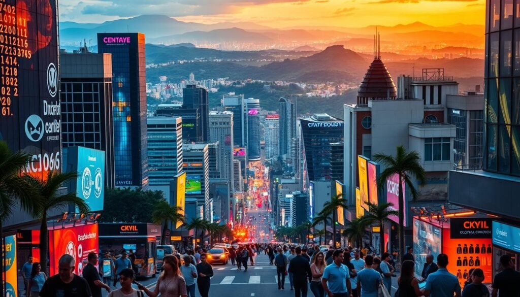 A dynamic cityscape filled with vibrant hues, showcasing the practical examples of data-driven innovations in Brasil. In the foreground, a bustling street scene with people interacting with cutting-edge digital displays and smart devices, their faces illuminated by the glow of technology. In the middle ground, towering skyscrapers and modern architecture, their sleek facades reflecting the city's progressive spirit. In the background, a stunning panoramic view of the iconic Brazilian landscape, with lush greenery and rolling hills, creating a harmonious blend of nature and innovation. The lighting is warm and inviting, with a sense of energy and optimism permeating the scene. The overall composition conveys the excitement and potential of the new "gold rush" for data, as Brasil leads the way in practical applications and real-world solutions. A dynamic cityscape filled with vibrant hues, showcasing the practical examples of data-driven innovations in Brasil. In the foreground, a bustling street scene with people interacting with cutting-edge digital displays and smart devices, their faces illuminated by the glow of technology. In the middle ground, towering skyscrapers and modern architecture, their sleek facades reflecting the city's progressive spirit. In the background, a stunning panoramic view of the iconic Brazilian landscape, with lush greenery and rolling hills, creating a harmonious blend of nature and innovation. The lighting is warm and inviting, with a sense of energy and optimism permeating the scene. The overall composition conveys the excitement and potential of the new "gold rush" for data, as Brasil leads the way in practical applications and real-world solutions.