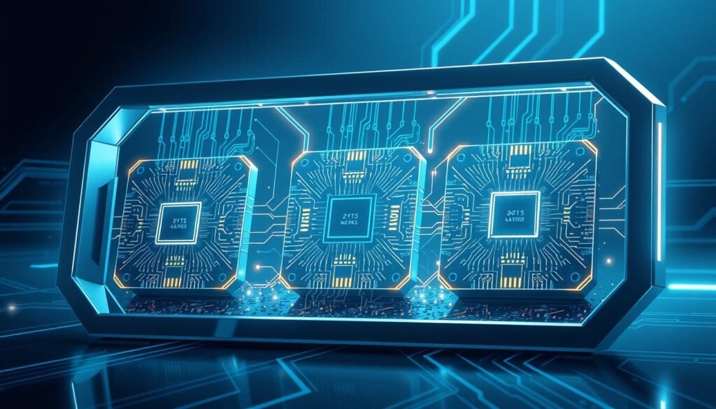 A futuristic, highly-detailed illustration depicting cutting-edge neuromorphic chips, FPGAs, and ASICs. The scene features a trio of advanced silicon processors, each with a distinct architectural design, embedded in a sleek, metallic frame. Intricate circuit patterns and glowing traces of energy radiate from the components, conveying a sense of sophisticated computational power. The image is bathed in a cool, bluish-white light, casting dramatic shadows and highlighting the precise, angular forms of the hardware. The overall aesthetic evokes a vision of next-generation AI-driven technology, poised to push the boundaries of what is possible in the world of computing. A futuristic, highly-detailed illustration depicting cutting-edge neuromorphic chips, FPGAs, and ASICs. The scene features a trio of advanced silicon processors, each with a distinct architectural design, embedded in a sleek, metallic frame. Intricate circuit patterns and glowing traces of energy radiate from the components, conveying a sense of sophisticated computational power. The image is bathed in a cool, bluish-white light, casting dramatic shadows and highlighting the precise, angular forms of the hardware. The overall aesthetic evokes a vision of next-generation AI-driven technology, poised to push the boundaries of what is possible in the world of computing.
