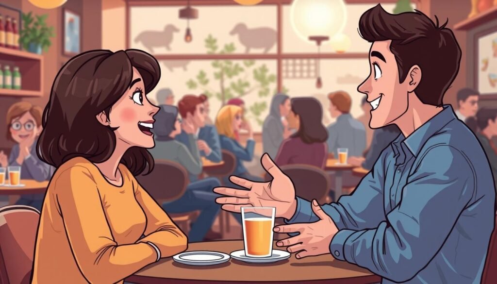 A lively scene of a conversation in a cozy cafe setting. In the foreground, two friends engaged in animated discussion, gesturing expressively and maintaining eye contact, capturing the essence of versatile dialogue. The middle ground features a diverse array of patrons, each immersed in their own unique conversations, showcasing the adaptability of social interaction. The background is softly lit, with warm tones and subtle atmospheric details, creating a welcoming and inclusive ambiance that invites the viewer to join the engaging discourse. A lively scene of a conversation in a cozy cafe setting. In the foreground, two friends engaged in animated discussion, gesturing expressively and maintaining eye contact, capturing the essence of versatile dialogue. The middle ground features a diverse array of patrons, each immersed in their own unique conversations, showcasing the adaptability of social interaction. The background is softly lit, with warm tones and subtle atmospheric details, creating a welcoming and inclusive ambiance that invites the viewer to join the engaging discourse.
