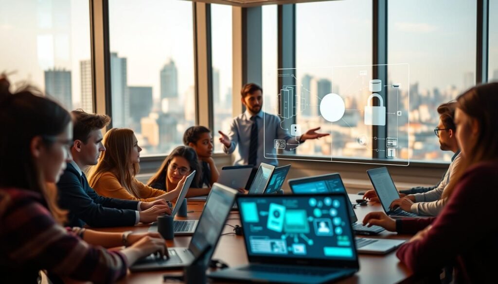 A modern classroom with students engaged in cybersecurity education. In the foreground, a group of diverse students collaborate on laptops, their faces illuminated by the soft glow of the screens. In the middle ground, an instructor gestures animatedly, presenting a holographic display showcasing network diagrams and security protocols. The background features a large window overlooking a cityscape, the urban landscape a constant reminder of the digital world they are learning to navigate and protect. The lighting is a combination of warm, natural sunlight and cool, blue-tinted artificial illumination, creating a sense of focus and intensity. The overall atmosphere conveys the importance of cybersecurity education in preparing the next generation of digital citizens and security professionals. A modern classroom with students engaged in cybersecurity education. In the foreground, a group of diverse students collaborate on laptops, their faces illuminated by the soft glow of the screens. In the middle ground, an instructor gestures animatedly, presenting a holographic display showcasing network diagrams and security protocols. The background features a large window overlooking a cityscape, the urban landscape a constant reminder of the digital world they are learning to navigate and protect. The lighting is a combination of warm, natural sunlight and cool, blue-tinted artificial illumination, creating a sense of focus and intensity. The overall atmosphere conveys the importance of cybersecurity education in preparing the next generation of digital citizens and security professionals.