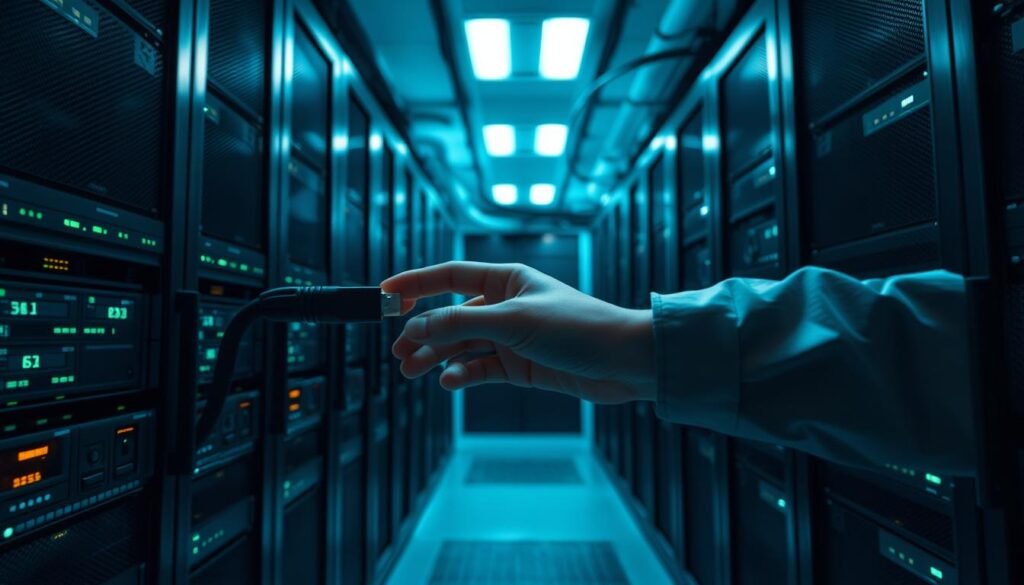 A modern, sleek data center filled with servers and computer equipment, conveying the interconnected nature of digital integration. In the foreground, a hand reaches out to plug in a cable, symbolizing the act of integrating with third-party applications. The lighting is cool and indirect, casting long shadows and creating a sense of depth. The overall atmosphere is one of technological sophistication and the seamless exchange of data, hinting at the potential privacy implications of such integrations. A modern, sleek data center filled with servers and computer equipment, conveying the interconnected nature of digital integration. In the foreground, a hand reaches out to plug in a cable, symbolizing the act of integrating with third-party applications. The lighting is cool and indirect, casting long shadows and creating a sense of depth. The overall atmosphere is one of technological sophistication and the seamless exchange of data, hinting at the potential privacy implications of such integrations.