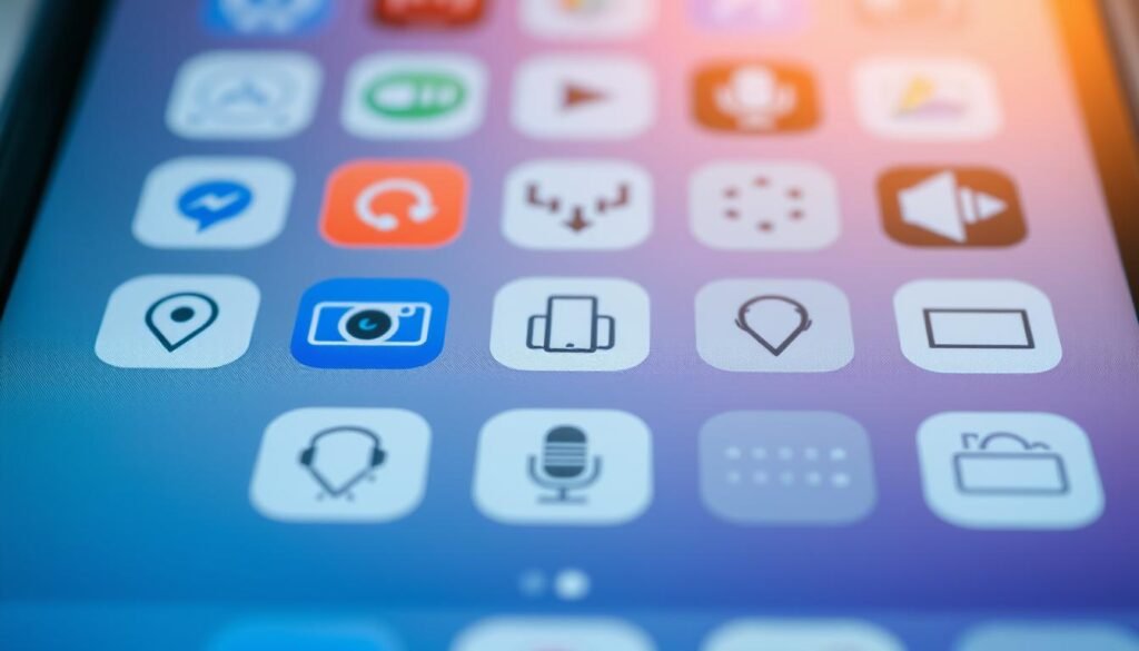 A modern smartphone screen with various app permission icons, including location, camera, microphone, and contacts. The icons are arranged in a grid, with a subtle gradient background and a sense of depth and perspective. The overall mood is one of transparency and attention to privacy issues, with a clean, minimalist aesthetic. The lighting is soft and diffused, creating a sense of clarity and focus on the permission icons. The camera angle is slightly elevated, giving a bird's-eye view of the screen and creating a sense of control and overview.