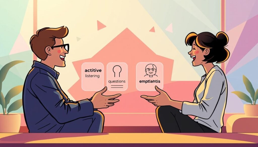 A modern, vibrant illustration depicting four captivating conversational techniques. In the foreground, two people engage in an animated discussion, their body language and facial expressions conveying an air of openness and enthusiasm. The middle ground showcases visual metaphors representing the four techniques - active listening, open-ended questions, shared experiences, and empathetic responses. The background features a dynamic, colorful backdrop with geometric shapes and gradients, creating a sense of energy and dynamism. Warm, natural lighting illuminates the scene, casting subtle shadows and highlights to enhance the depth and dimensionality. The overall composition and mood inspire a sense of engaging, meaningful dialogue. A modern, vibrant illustration depicting four captivating conversational techniques. In the foreground, two people engage in an animated discussion, their body language and facial expressions conveying an air of openness and enthusiasm. The middle ground showcases visual metaphors representing the four techniques - active listening, open-ended questions, shared experiences, and empathetic responses. The background features a dynamic, colorful backdrop with geometric shapes and gradients, creating a sense of energy and dynamism. Warm, natural lighting illuminates the scene, casting subtle shadows and highlights to enhance the depth and dimensionality. The overall composition and mood inspire a sense of engaging, meaningful dialogue.