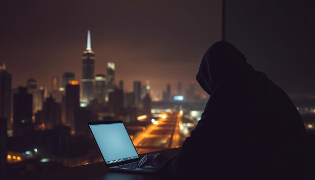 A serene, dimly-lit scene showcasing the heroic contributions of ethical hackers. In the foreground, a shadowy figure hunched over a laptop, their face obscured by the glow of the screen. The background features a cityscape at night, with skyscrapers and infrastructure softly illuminated, hinting at the systems they work tirelessly to protect. Warm, ambient lighting casts a contemplative atmosphere, emphasizing the quiet, unsung nature of their work. The perspective is slightly elevated, conveying the importance and impact of ethical hackers' efforts, unseen by the general public. A serene, dimly-lit scene showcasing the heroic contributions of ethical hackers. In the foreground, a shadowy figure hunched over a laptop, their face obscured by the glow of the screen. The background features a cityscape at night, with skyscrapers and infrastructure softly illuminated, hinting at the systems they work tirelessly to protect. Warm, ambient lighting casts a contemplative atmosphere, emphasizing the quiet, unsung nature of their work. The perspective is slightly elevated, conveying the importance and impact of ethical hackers' efforts, unseen by the general public.