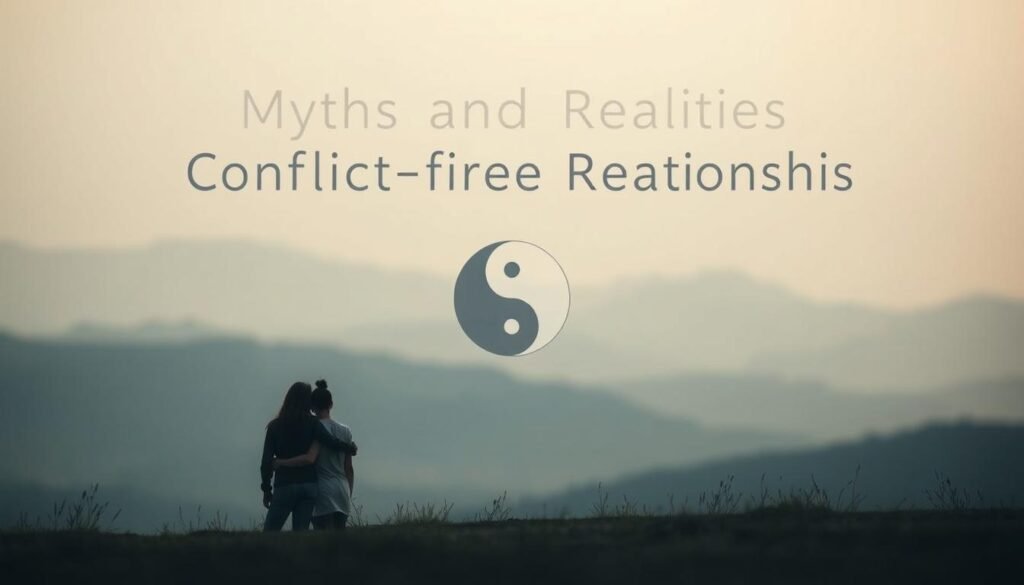 A serene, minimalist scene depicting the "Myths and Realities" of conflict-free relationships. In the foreground, a serene couple sits together, their body language relaxed and connected. The middle ground features a yin-yang symbol, symbolizing the balance and harmony between opposites. In the background, a soft, blurred landscape with muted hues, suggesting the tranquility and absence of turbulence. The lighting is soft and diffused, creating a sense of intimacy and introspection. The overall mood is one of contemplation, inviting the viewer to consider the nuances and complexities of seemingly effortless relationships. A serene, minimalist scene depicting the "Myths and Realities" of conflict-free relationships. In the foreground, a serene couple sits together, their body language relaxed and connected. The middle ground features a yin-yang symbol, symbolizing the balance and harmony between opposites. In the background, a soft, blurred landscape with muted hues, suggesting the tranquility and absence of turbulence. The lighting is soft and diffused, creating a sense of intimacy and introspection. The overall mood is one of contemplation, inviting the viewer to consider the nuances and complexities of seemingly effortless relationships.