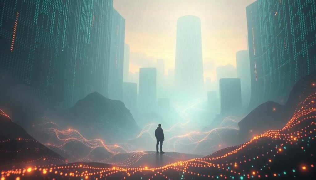 A serene yet unsettling digital landscape, where data flows like glowing streams, enveloping a solitary figure lost in contemplation. Soft, ambient lighting casts an ethereal glow, as if the very bytes that comprise this world are alive. Towering, opaque data structures loom in the distance, their true nature obscured. The scene evokes a sense of both connection and disconnection, where the boundaries between the individual and the digital realm have become blurred. Subtle hints of unease suggest that the promise of privacy may be an illusion, as the figure appears dwarfed by the immense, unknowable forces at play. A serene yet unsettling digital landscape, where data flows like glowing streams, enveloping a solitary figure lost in contemplation. Soft, ambient lighting casts an ethereal glow, as if the very bytes that comprise this world are alive. Towering, opaque data structures loom in the distance, their true nature obscured. The scene evokes a sense of both connection and disconnection, where the boundaries between the individual and the digital realm have become blurred. Subtle hints of unease suggest that the promise of privacy may be an illusion, as the figure appears dwarfed by the immense, unknowable forces at play.