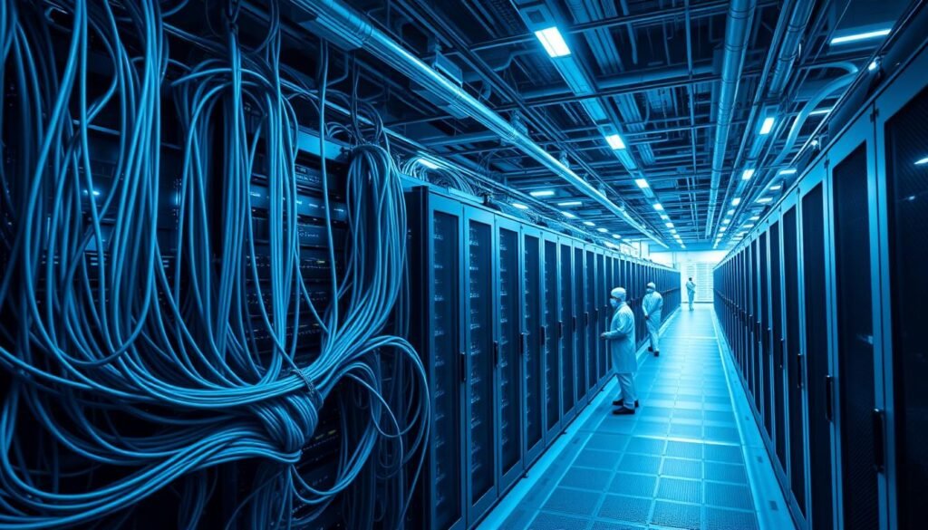 A sprawling data center complex, its towering server racks and sleek cooling systems bathed in a cool, blue-hued lighting. In the foreground, a network of cables and fiber optics snake through the facility, transmitting the lifeblood of the digital age. The middle ground features technicians in clean-room attire, monitoring and maintaining the intricate machinery that powers our always-on, data-driven world. The background reveals the scale of this operation, with rows upon rows of server halls stretching into the distance, a testament to the insatiable global demand for data storage and processing. The overall scene conveys a sense of technological grandeur, highlighting the critical role data centers play in the new digital gold rush transforming markets and industries worldwide. A sprawling data center complex, its towering server racks and sleek cooling systems bathed in a cool, blue-hued lighting. In the foreground, a network of cables and fiber optics snake through the facility, transmitting the lifeblood of the digital age. The middle ground features technicians in clean-room attire, monitoring and maintaining the intricate machinery that powers our always-on, data-driven world. The background reveals the scale of this operation, with rows upon rows of server halls stretching into the distance, a testament to the insatiable global demand for data storage and processing. The overall scene conveys a sense of technological grandeur, highlighting the critical role data centers play in the new digital gold rush transforming markets and industries worldwide.