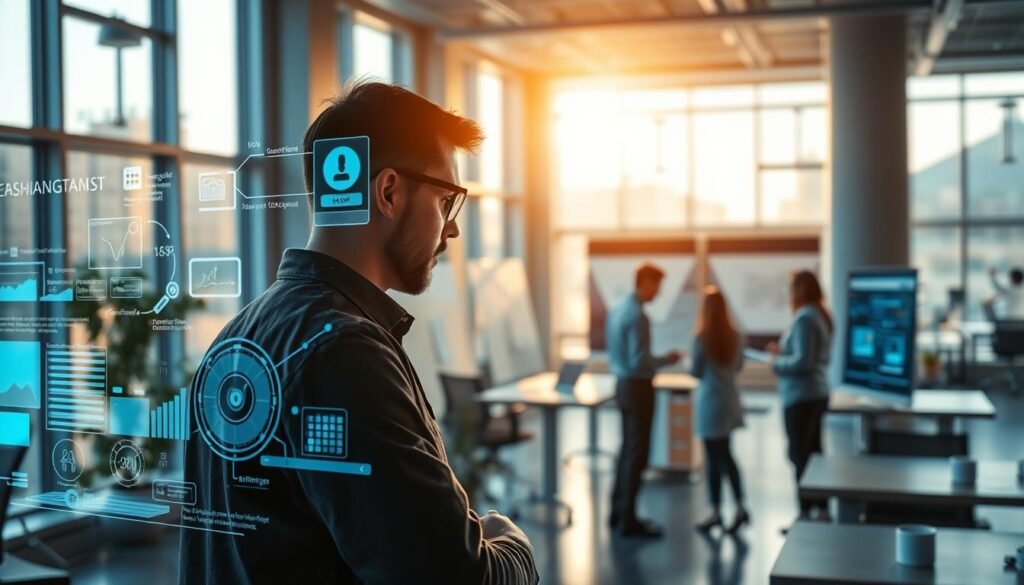 A technologically-advanced office environment, bathed in warm, natural lighting from large windows. In the foreground, a worker engages with a sleek, holographic user interface, seamlessly controlling various digital tasks. Intelligent software agents autonomously assist with data analysis, scheduling, and workflow optimization, boosting productivity. In the middle ground, teams collaborate around interactive whiteboards, leveraging AI-driven insights to innovate. The background reveals an open, flexible workspace that adapts to the needs of the modern, AI-empowered workforce. An atmosphere of efficiency, creativity, and harmonious human-AI collaboration pervades the scene. A technologically-advanced office environment, bathed in warm, natural lighting from large windows. In the foreground, a worker engages with a sleek, holographic user interface, seamlessly controlling various digital tasks. Intelligent software agents autonomously assist with data analysis, scheduling, and workflow optimization, boosting productivity. In the middle ground, teams collaborate around interactive whiteboards, leveraging AI-driven insights to innovate. The background reveals an open, flexible workspace that adapts to the needs of the modern, AI-empowered workforce. An atmosphere of efficiency, creativity, and harmonious human-AI collaboration pervades the scene.