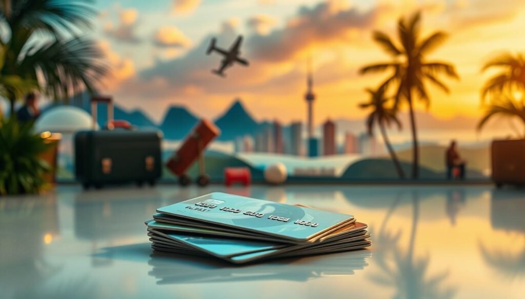 A tranquil and inviting scene of credit cards and travel rewards. In the foreground, a stack of sleek, metallic credit cards arranged neatly, reflecting the warm, soft lighting. In the middle ground, a vibrant background of dreamlike landscapes and cityscapes, hinting at the travel opportunities these cards can unlock. The cards are accompanied by symbols of travel, such as airplanes, suitcases, and tropical foliage, creating a sense of excitement and anticipation. The overall atmosphere is one of luxury, convenience, and the promise of unforgettable experiences, captured through a cinematic, high-quality lens. A tranquil and inviting scene of credit cards and travel rewards. In the foreground, a stack of sleek, metallic credit cards arranged neatly, reflecting the warm, soft lighting. In the middle ground, a vibrant background of dreamlike landscapes and cityscapes, hinting at the travel opportunities these cards can unlock. The cards are accompanied by symbols of travel, such as airplanes, suitcases, and tropical foliage, creating a sense of excitement and anticipation. The overall atmosphere is one of luxury, convenience, and the promise of unforgettable experiences, captured through a cinematic, high-quality lens.