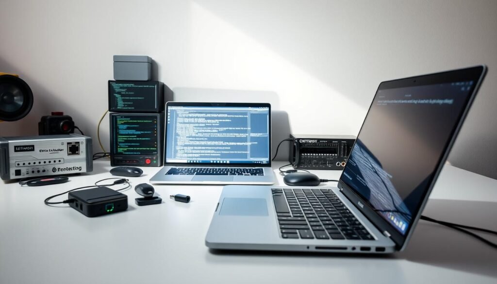 A well-lit workspace with a variety of ethical hacking tools arranged neatly on a clean, minimalist desk. In the foreground, a high-quality laptop with a sleek, modern design sits open, its screen displaying lines of code. Surrounding it, an array of specialized hardware tools, including a network analyzer, a pentesting device, and a USB security key. In the background, a clean, white wall with subtle shadows casting a sense of depth and professionalism. The overall atmosphere conveys a sense of precision, expertise, and a dedication to the ethical use of hacking techniques to improve digital security. A well-lit workspace with a variety of ethical hacking tools arranged neatly on a clean, minimalist desk. In the foreground, a high-quality laptop with a sleek, modern design sits open, its screen displaying lines of code. Surrounding it, an array of specialized hardware tools, including a network analyzer, a pentesting device, and a USB security key. In the background, a clean, white wall with subtle shadows casting a sense of depth and professionalism. The overall atmosphere conveys a sense of precision, expertise, and a dedication to the ethical use of hacking techniques to improve digital security.